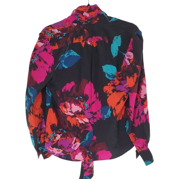 TRINIA TURK 100% Silk Woman's Top Size Med Floral TIE Neck Colorful - Picture 2 of 6
